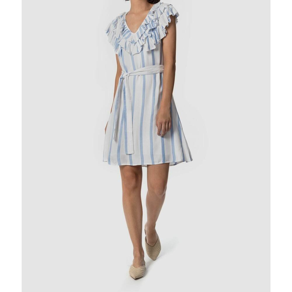 Astars Womens Short Lined DRESS - Size SMALL - V-Neck Ruffle Blue White Stripe